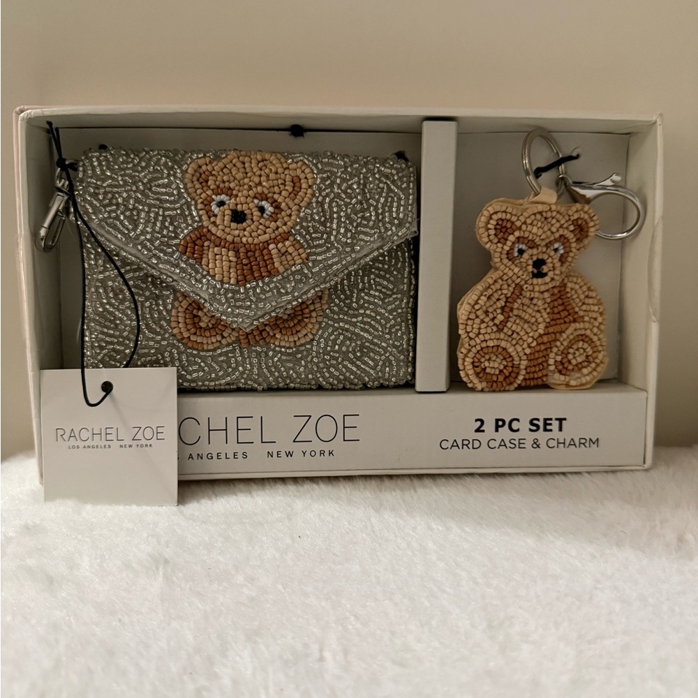 NWT Rachel Zoe Silver Beaded Card Holder with Bear Design